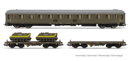 RENFE SET 1 COCHE+1 VAGON PLATAFORMA+1 VAGON PLATAFORMA CON M113 UME