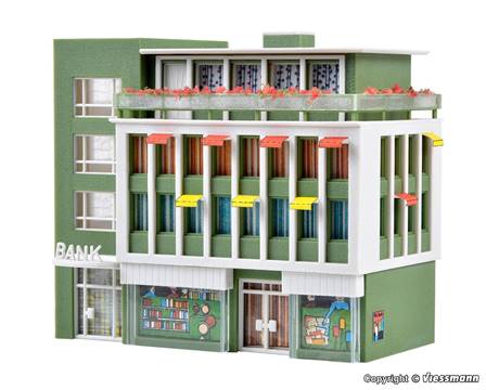 EDIFICIO MODERNO CON BANCO Y LIBRERIA (9,5 x 5,5 cm)